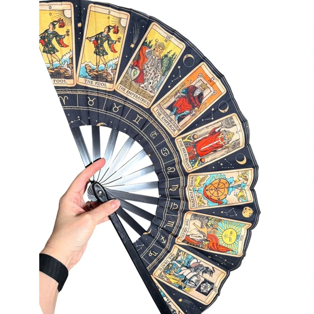 Tarot Cards Accordion Hand Fan Celestial Zodiac Black colorful folding Fan 13x24